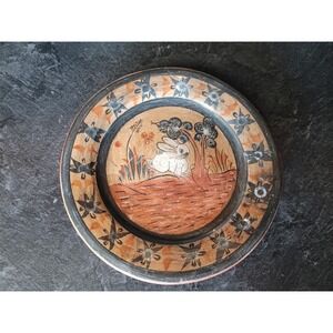 Vintage Tonala Mexican Hook Signed Pottery White Bunny Rabbit Wall Hanging Plate